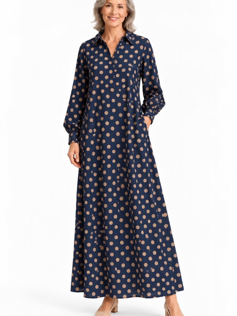Boden Navy Tan Polka Dot Long Sleeve Maxi Shirt Dress Classic Preppy Chic